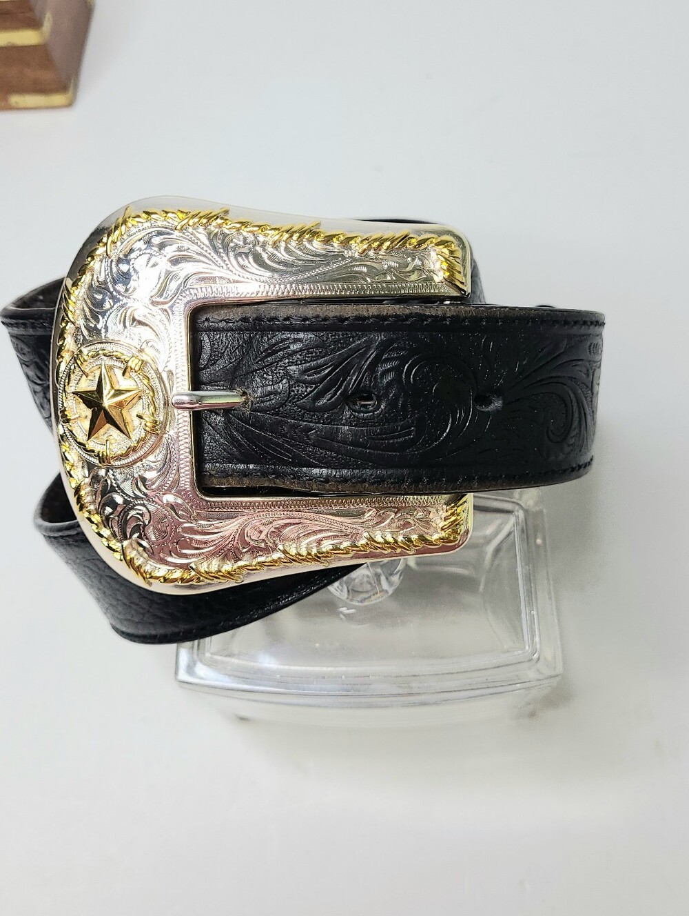 Nocono Belt Co. Two-Tone Star Buckle Bullhide Tooled Genuine Leather Belt